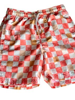 Cat & Jack Boys Orange and White Checkered Swim Shorts with Smile Icons